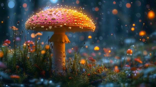 Magical mushroom in fantasy enchanted fairy tale forest. Neural network generated in January 2024. Not based on any actual scene or pattern.