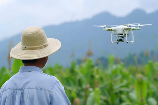 Farmer in the field using drone. Neural network generated in January 2024. Not based on any actual scene or pattern.