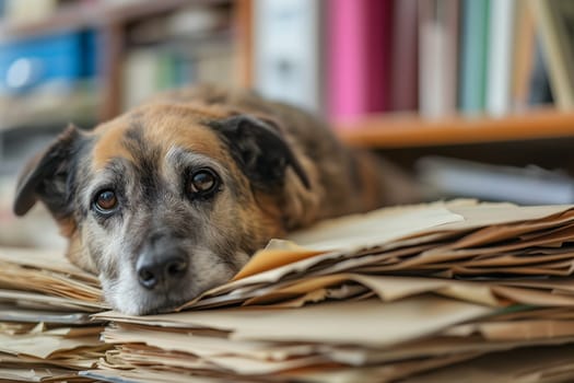 dog in an office, overwhelmed by a mountains of paperwork. Neural network generated in January 2024. Not based on any actual scene or pattern.