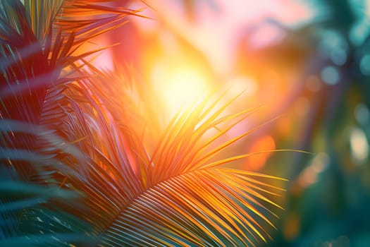 Vibrant sunny backdrop palm leaves with golden sun light. Neural network generated in January 2024. Not based on any actual scene or pattern.