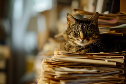 cat in an office, overwhelmed by a mountains of paperwork. Neural network generated in January 2024. Not based on any actual scene or pattern.