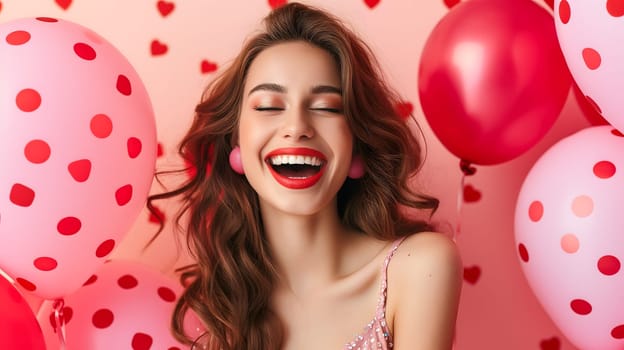 Young adult woman with red and pink air balloons laughing, on pink polka dots background. Happy holiday party. Joyful beauty having fun, celebrating Valentine's Day. Neural network generated image.