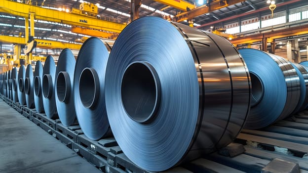 Packed rolls of steel sheet, Cold rolled steel coils in a warehouse. Neural network generated image. Not based on any actual person or scene.