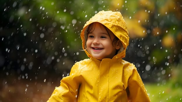 Happy child in yellow raincoat enjoying rain. Neural network generated image. Not based on any actual person or scene.
