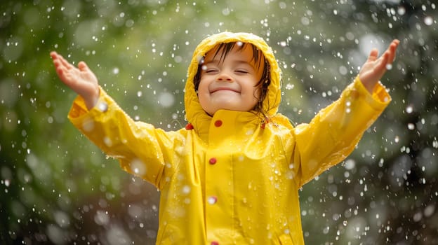 Happy child in yellow raincoat enjoying rain. Neural network generated image. Not based on any actual person or scene.