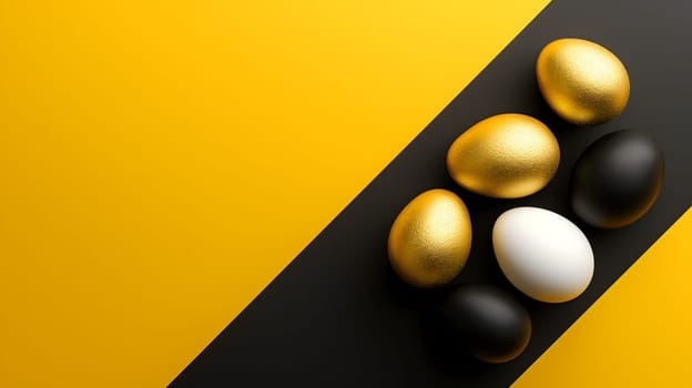 Golden, black, white Easter eggs on a yellow-black background. geometry. Minimal concept. View from above. Neural network generated image. Not based on any actual scene or pattern.