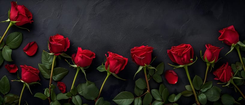 Red roses on black background with copy space. Neural network generated image. Not based on any actual person or scene.