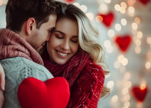 Heterosexual couple hugging at valentines day. Closeup portrait. Neural network generated image. Not based on any actual person or scene.