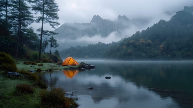 Close-up of a tent in the foreground and mountains with fog in the background with a lake or river in the foreground. Neural network generated image. Not based on any actual scene or pattern.