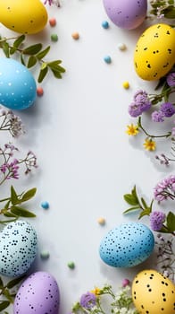 Easter eggs day background with copy space, high angle view. Neural network generated image. Not based on any actual scene or pattern.