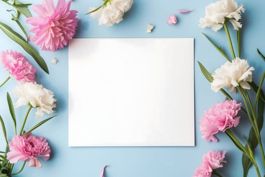 White greeting card with flowers mock up high angle view directly above decoration. Neural network generated image. Not based on any actual scene or pattern.