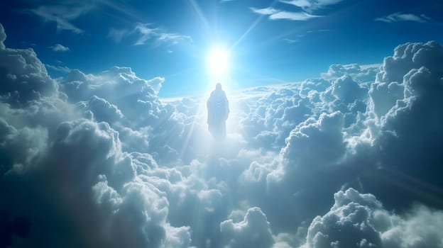 Jesus Christ in Heaven Blessing & Welcoming All. Neural network generated image. Not based on any actual person or scene.