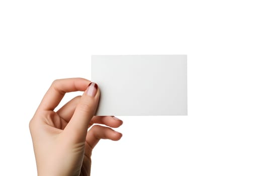 Woman Hand holding blank business card on white background. Neural network generated image. Not based on any actual scene or pattern.