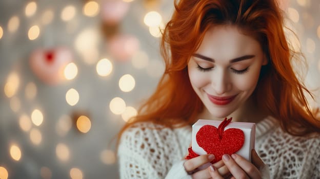 Beautiful redhead young adult woman with gift for Valentines Day with bokeh at background. Neural network generated image. Not based on any actual person or scene.