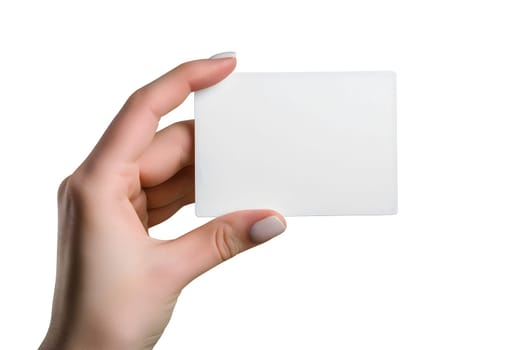 Woman Hand holding blank business card on white background. Neural network generated image. Not based on any actual scene or pattern.