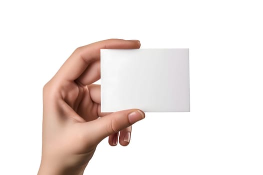 Woman Hand holding blank business card on white background. Neural network generated image. Not based on any actual scene or pattern.