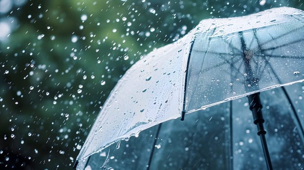 Close up, transparent umbrella under rainfall against a background of water droplets splashing. Concept of rainy weather. Neural network generated image. Not based on any actual scene or pattern.