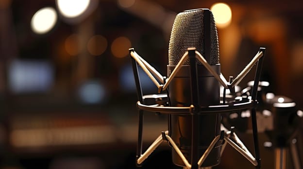 A condenser studio microphone with a shock mount in a music studio, representing the musical concept with asymmetrical composition and copy space. Neural network generated image. Not based on any actual scene or pattern.