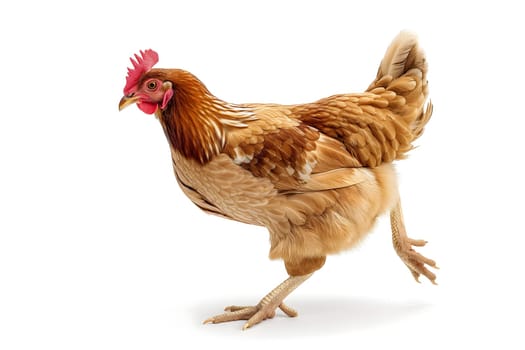 Running chicken hen on white background. Neural network generated image. Not based on any actual scene or pattern.