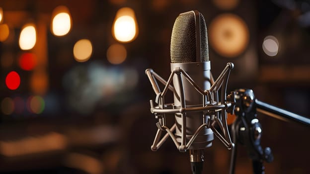 A condenser studio microphone with a shock mount in a music studio, representing the musical concept with asymmetrical composition and copy space. Neural network generated image. Not based on any actual scene or pattern.