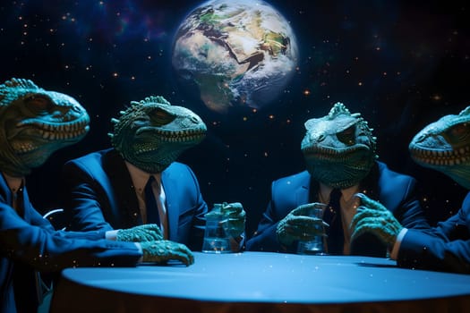 Reptile men in business suits sitting at the table in dark room, secret world government concept. Neural network generated image. Not based on any actual scene or pattern.