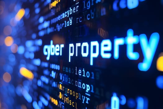 Words cyber property for cyber law concept. Neural network generated image. Not based on any actual scene or pattern.