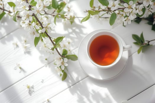 A cup of tea is on top a white table with blossoming floral branches. Neural network generated image. Not based on any actual scene or pattern.