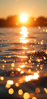 Sunset bokeh on water: golden sky over a body of water, with the light reflecting and creating a bokeh effect.. Neural network generated image. Not based on any actual scene or pattern.