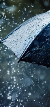Close up, black umbrella under rainfall against a background of water droplets splashing. Concept of rainy weather. Neural network generated image. Not based on any actual scene or pattern.