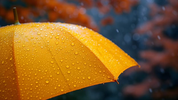Close up, yellow umbrella under rainfall against a background of autumn leaves. Concept of rainy weather. Neural network generated image. Not based on any actual scene or pattern.