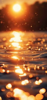 Sunset bokeh on water: golden sky over a body of water, with the light reflecting and creating a bokeh effect.. Neural network generated image. Not based on any actual scene or pattern.