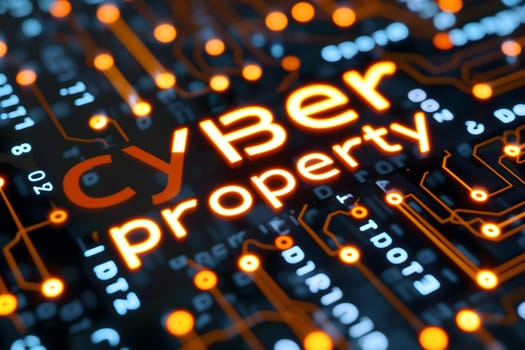 Words cyber property for cyber law concept. Neural network generated image. Not based on any actual scene or pattern.