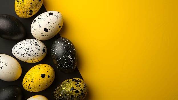 Golden, black, white Easter eggs on a yellow-black background. geometry. Minimal concept. View from above. Neural network generated image. Not based on any actual scene or pattern.