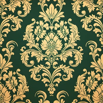 Seamless texture of green and gold damask pattern. Neural network generated image. Not based on any actual scene or pattern.