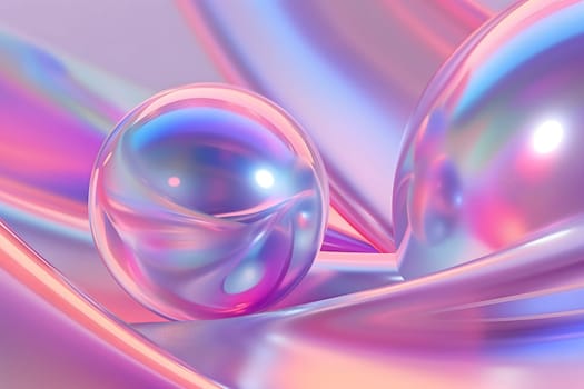Colorful bright dreamy holo glass bubbles and waves background and wallpaper. Neural network generated in January 2024. Not based on any actual scene or pattern.