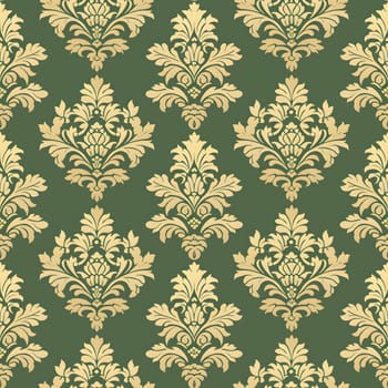 Seamless texture of green and gold damask pattern. Neural network generated image. Not based on any actual scene or pattern.