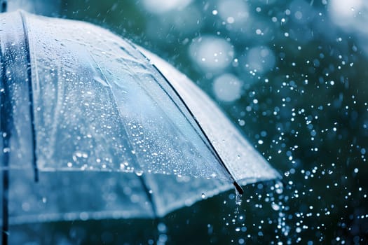 Close up, transparent umbrella under rainfall against a background of water droplets splashing. Concept of rainy weather. Neural network generated image. Not based on any actual scene or pattern.