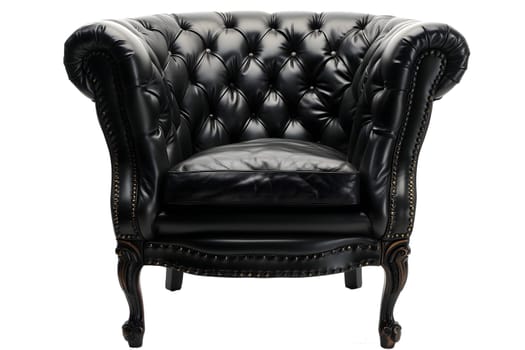 Black leather retro Victorian style armchair on white background. Digitally generated image. Not based on any actual person, scene or pattern.