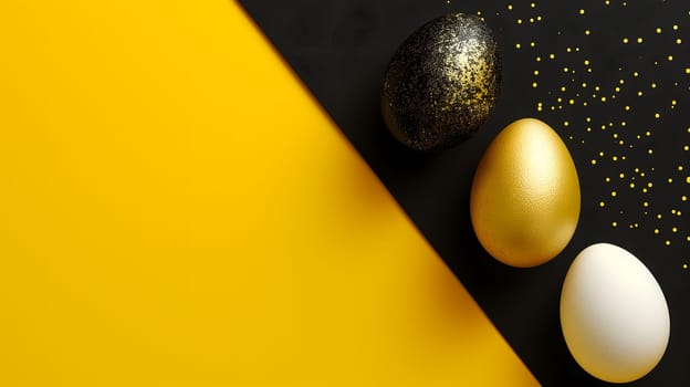 Golden, black, white Easter eggs on a yellow-black background. geometry. Minimal concept. View from above. Neural network generated image. Not based on any actual scene or pattern.