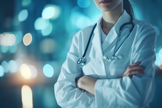 Abstract Medical Doctor, Symbolizing Compassion and Expertise asymmetrical composition with copy space. Neural network generated image. Not based on any actual scene or pattern.