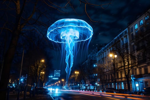 Glowing blue jellyfish UFO over night city. Neural network generated image. Not based on any actual scene or pattern.