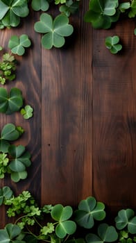 brown wooden planks board with clover - background for St. Patricks day. Neural network generated image. Not based on any actual scene or pattern.