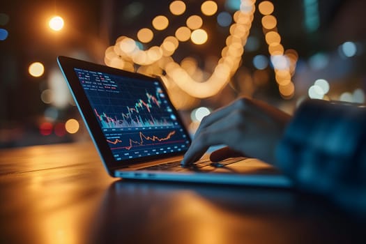 Laptop with human hands typing and stock market trading charts on the screen with night lights bokeh in the background. Neural network generated image. Not based on any actual scene or pattern.