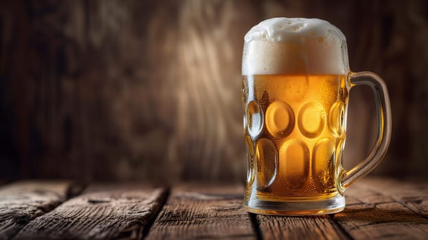 Cold mug with beer, with overflowing froth, on wooden table and dark background with copy space. Neural network generated image. Not based on any actual scene or pattern.