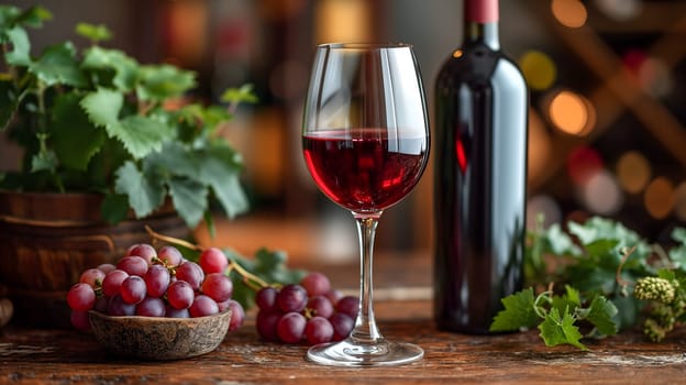 Glass with red wine and wine bottle on the right over a wooden table in the pub background with copy space. Neural network generated image. Not based on any actual scene or pattern.