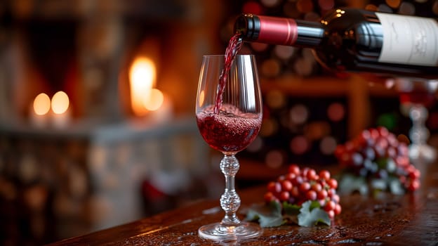 A wine bottle, with its elegant shape and deep red liquid inside, is being poured into a crystal glass, ready to be enjoyed during a romantic dinner. Neural network generated image. Not based on any actual scene or pattern.