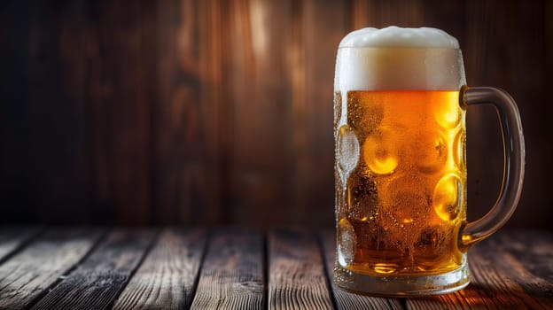 Cold mug with beer, with overflowing froth, on wooden table and dark background with copy space. Neural network generated image. Not based on any actual scene or pattern.