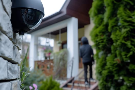 thief at the front door of a house near surveillance camera. Neural network generated image. Not based on any actual scene or pattern.
