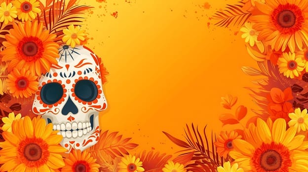 Dia De Los Muertos or Day of the Dead Celebration Banner background with sculls and yellow flowers. Not based on any actual person, scene or pattern.
