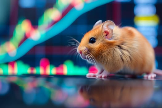 Hamster in front of blurry trading charts, novice in stock exchange and asset market concept. Neural network generated image. Not based on any actual scene or pattern.
